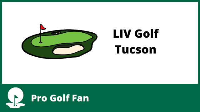A green in golf with a flag on one side and sand traps on both sides of the green and the words LIV Golf Tucson next to it.