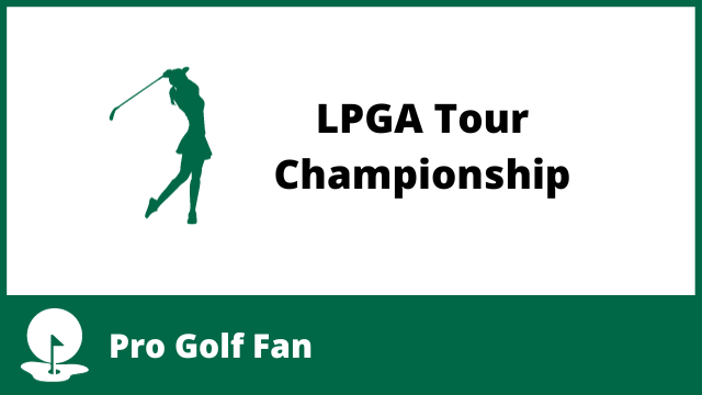 Female Golfer swinging a club next to the words LPGA Tour Championship